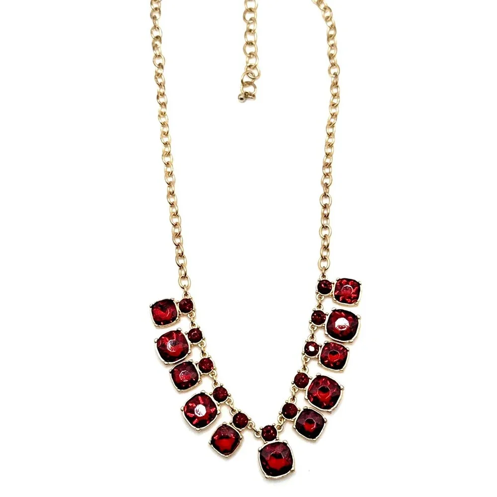 Vintage Red Crystal Rhinestone Statement Collar Necklace Gold Tone Statement 22”
